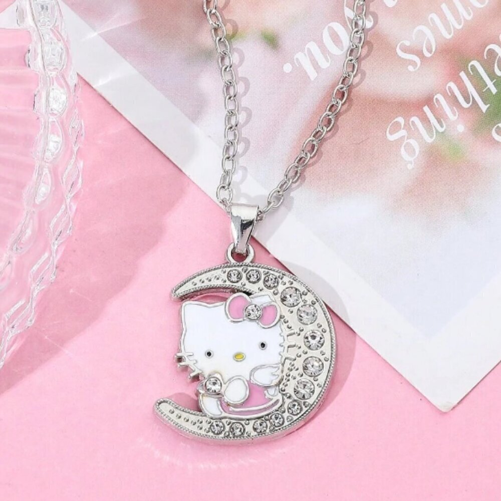Hello Kitty Crescent Moon Necklace Silver Rhinestones Pink Bow Dress